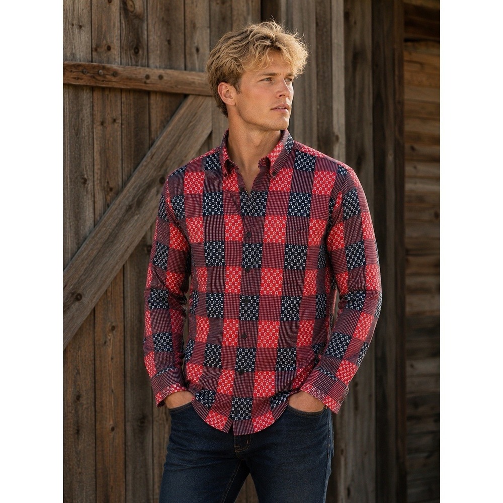 Naked & Famous Denim Red and Blue Patchwork Bandana Print Shirt Men's L *Read